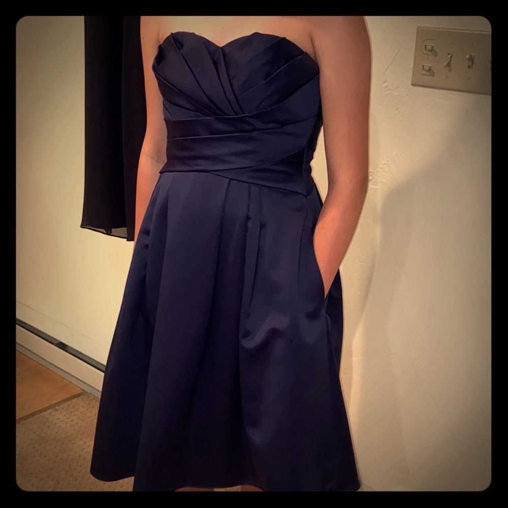 Navy blue strapless formal dress